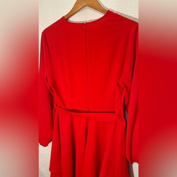 NEW Bonkwa Tiered Ruffle Hem Wrap V Neck Tie Waist Long Sleeve Red Dress Large - Picture 9 of 14